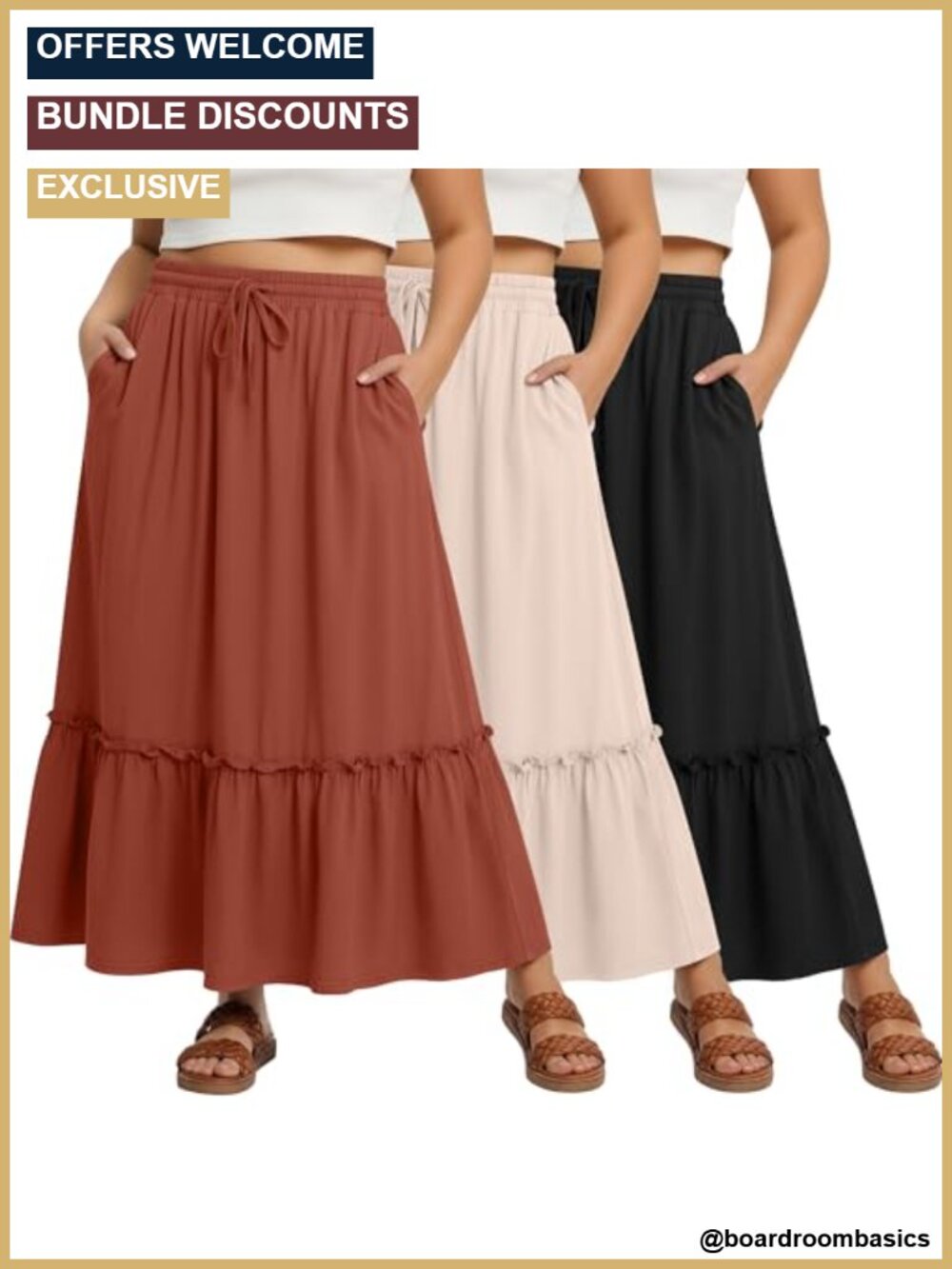 3pk Plus Size Tiered Ruffle Boho Maxi Skirts with Pockets
